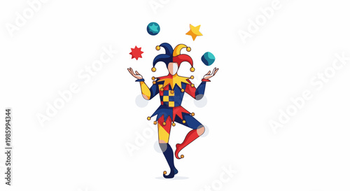 Cartoon jester in colorful outfit juggling balls and stars