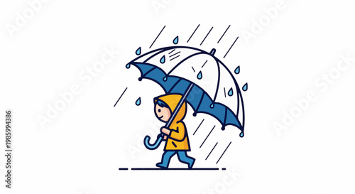 Child in yellow raincoat walks with blue umbrella in pouring rain