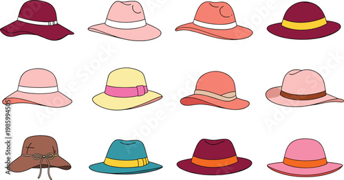 Stylish women hats collection with wide brim designs in soft colors elegant fashion accessories vector illustration set isolated