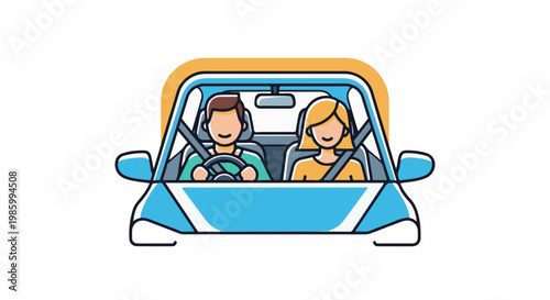Cartoon man and woman driving a blue car together