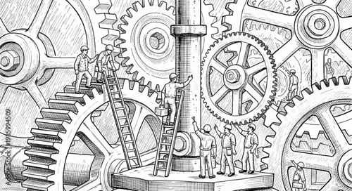 Close up interlocking metal gears and cogs.