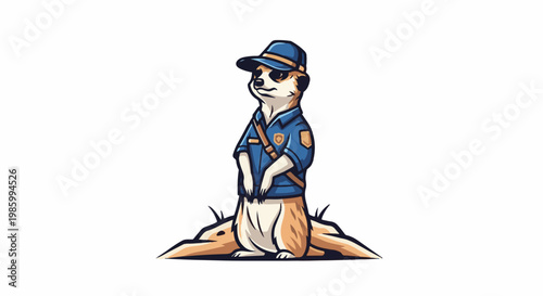 Cartoon meerkat in blue uniform and cap, standing guard