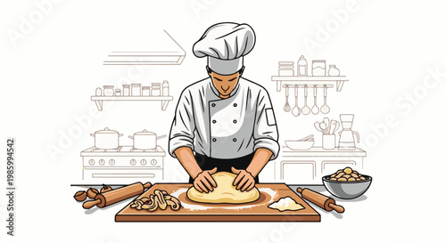 Chef kneading dough on a wooden board in a kitchen setting with baking ingredients