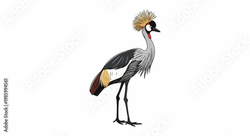 Cartoon grey crowned crane with detailed plumage and striking crest