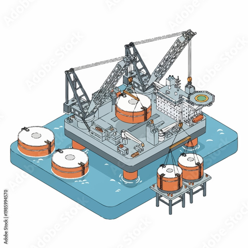 Offshore oil rig platform with cranes and buoys illustration.