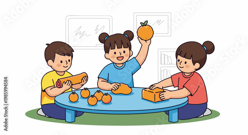 Children creatively engage with modeling clay and fruits