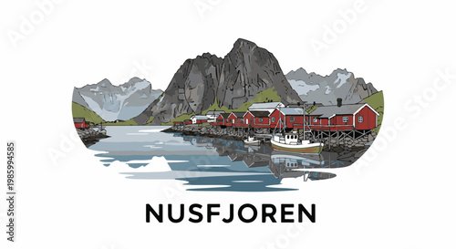 Coastal village with red houses on stilts, boats in water, and mountains