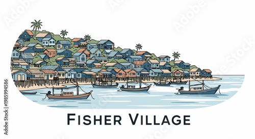 Coastal village with colorful stilt houses on a hill and boats in the water