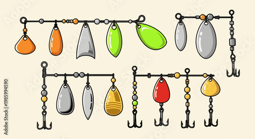 Collection of colorful fishing lures with hooks and spinners