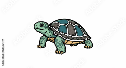 Cartoon illustration of a green turtle walking on a white background