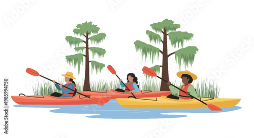 Family Kayaking Adventure on Calm River with Nature Surroundings