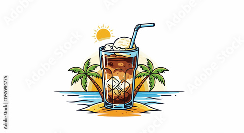 Cold drink with ice cream and palm trees on a beach with sun