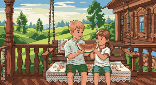 Children share a slice of watermelon on a wooden porch swing