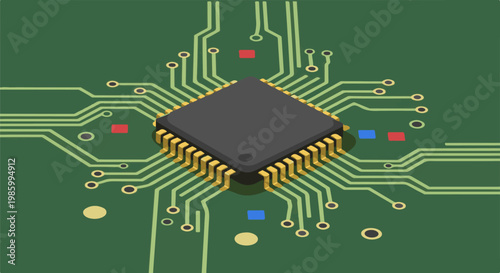 Close-up isometric view of a central processing unit on a green circuit board