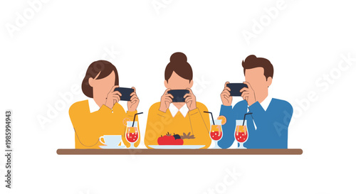People Taking Photos at a Dining Table with Drinks and Snacks