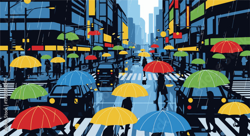 Colorful umbrellas shield pedestrians and cars on a rainy urban street