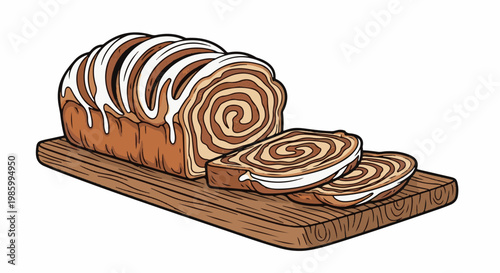 Cinnamon swirl loaf with white icing, sliced on wooden board