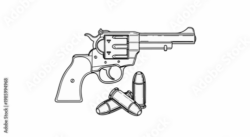 Classic revolver and three bullets displayed in line art on a white background