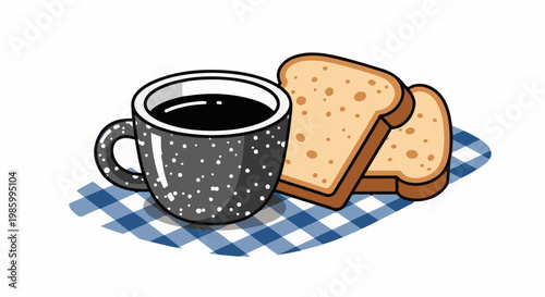 Cartoon-style coffee cup and toast on a checkered cloth