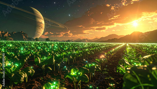 Glowing plants illuminate a field beneath a gas giant's rings sci-fi landscape nighttime environment ethereal concept