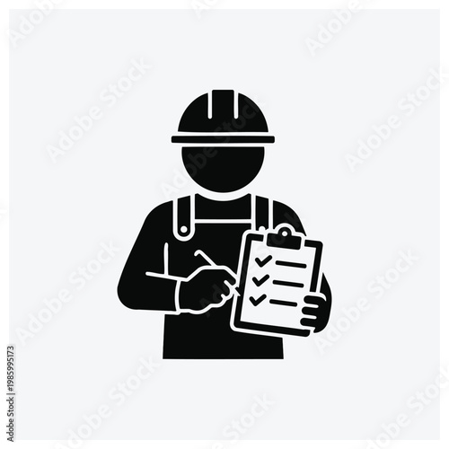 A silhouette of an inspector reviewing a checklist or form.