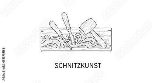 Carving tools rest on a wooden plank with ornate scrollwork carved into it