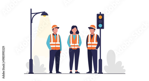 Construction Workers Waiting at Traffic Light in Urban Environment