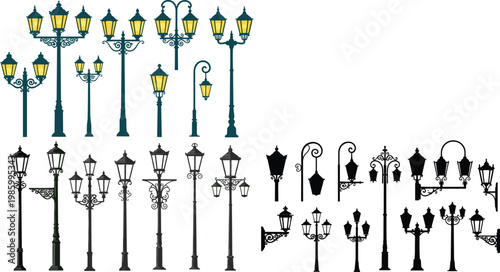 Vintage street lamp collection with ornate lantern posts silhouettes and classic urban lighting elements vector illustration set