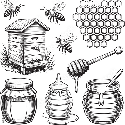 Beekeeping honey jar collection with hive beeswax and honeycomb illustration
