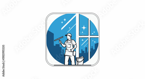 Cleaner washes window with squeegee, cityscape background, sparkling stars
