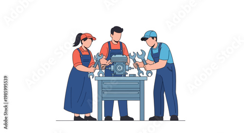 Family of Three Repairing and Assembling Tools at Workbench