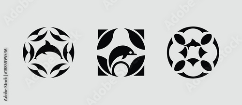 Decorative Dolphin Geometric Logo Set, Ornamental Marine Life Emblems in Circle and Square, Minimalist Zen Dolphin Badge Collection, Symmetrical Aquatic Mandala Vector Art