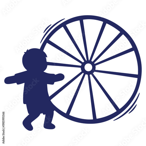 Child rolling large wheel representing play and childhood games of imagination and physical activity in early development years