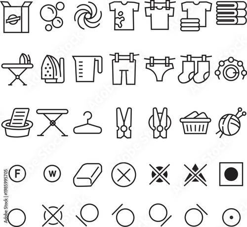 Laundry and Cleaning Symbols Icon Set: Washing, Drying, Ironing & Care Instructions