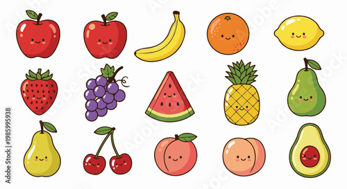 Collection of cute, kawaii-style fruits with happy faces