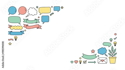 Colorful Speech Bubbles and Design Elements: A collection of vibrant speech bubbles, banners, and design elements creates a cheerful and engaging visual narrative.