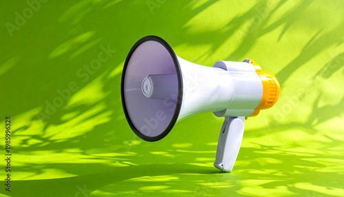 White and Orange Megaphone on Bright Green Background with Dynamic Diagonal Shadows