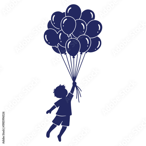Silhouette of a young boy floating and being lifted up by a big bunch of balloons dream and aspiration concept