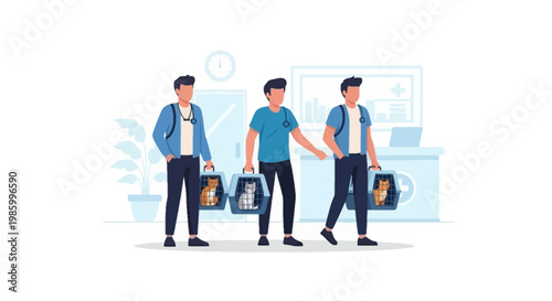 Young men walking with briefcases in a medical clinic corridor