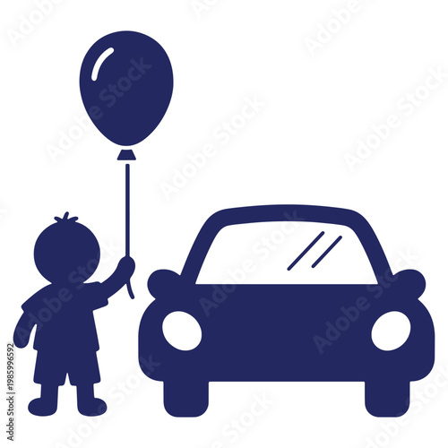 Silhouette of Young Boy Holding a Balloon Next to a Car Symbolizing Childhood Dreams and Simple Joys