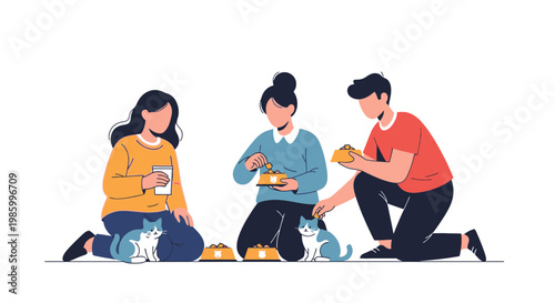 Group of Young People Playing with Cats in a Cozy Indoor Setting