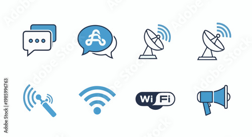 Communication and broadcast icons chat, Wi-Fi, antenna, megaphone