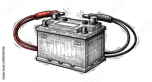 Car Battery With Jumper Cables And Clamps.