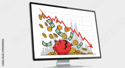 Computer screen displaying financial graph with falling money and broken piggy bank