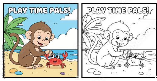 Play Time Pals Monkey and Crab Beach Coloring Page