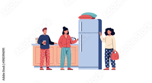 People Using Refrigerator in Modern Kitchen Scene