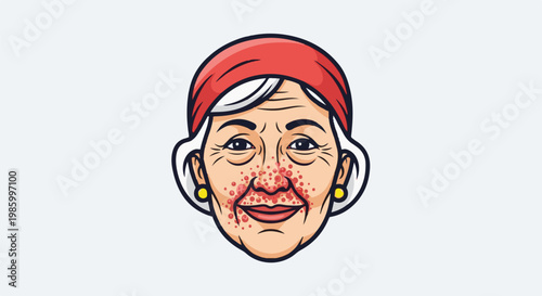 Close-up cartoon illustration of an older woman's face with a skin condition on her nose