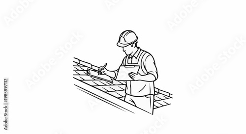 Construction worker in hard hat inspects roof tiles while holding clipboard and pen