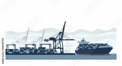 Container ship at a bustling port with cranes and stacked cargo