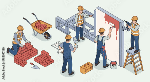 Construction workers building, painting, and drilling